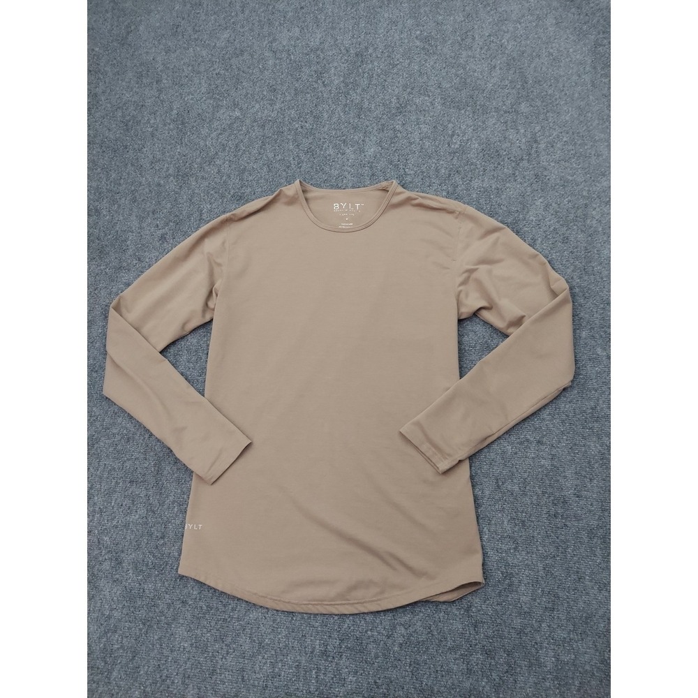 BYLT Shirt Mens Medium Brown Long Sleeve Crew Neck Curve Hem Premium Basics - Picture 1 of 9